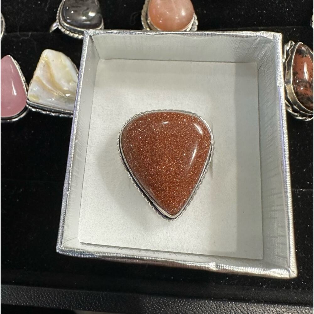 💕 Natural goldstone‎ gemstone silver overlay ring stamped 925 adjustable 5-11